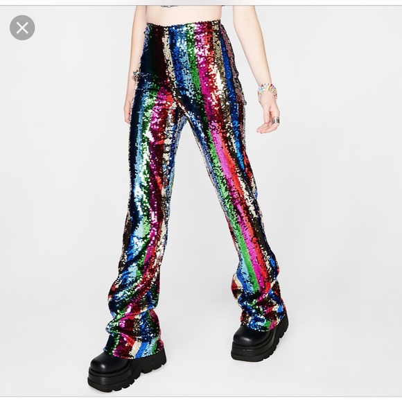 Dolls Kill Pants - 🌈FIRM NWOT Dolls Kill Rainbow Striped Sequin Flares
